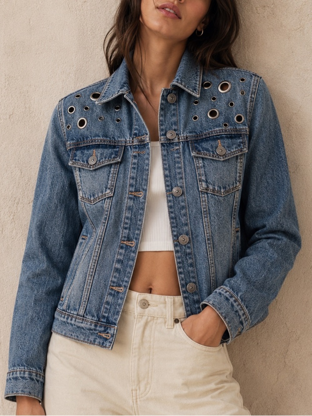 PAIGE Medium Blue Denim Jacket with Grommet Accents (Size M)